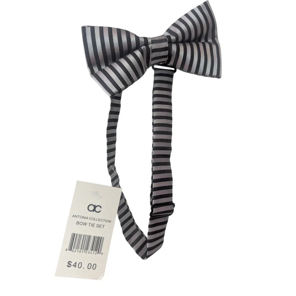 Antonia Collection Silk Bow Tie Set Black Gray Stripe Pre Tied NWT Formal